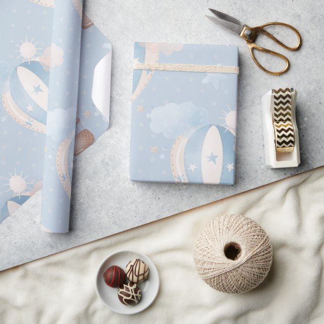 Blue Taupe Air Balloons Stars Clouds Boy Shower Wrapping Paper (Crafts)