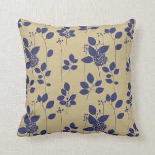 Blue Taupe Tan Brown Floral Pattern Throw Pillow