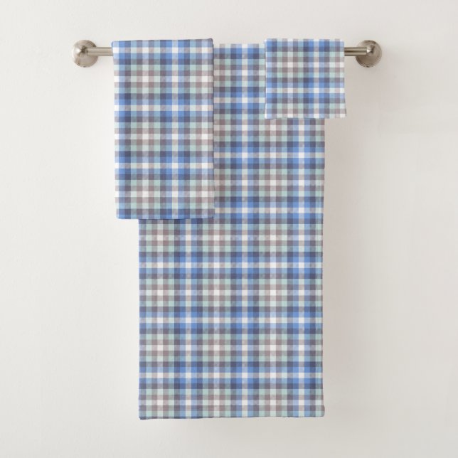Blue Taupe Tartan Plaid Bath Towel Set (Insitu)