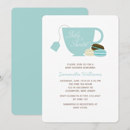 Blue Tea Cup and Macarons Baby Shower Invite
