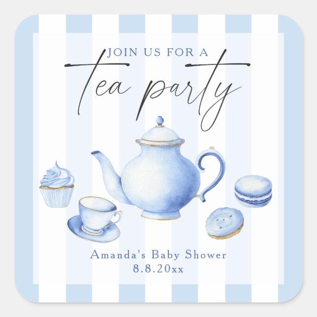 Blue Tea Party Baby Shower Square Sticker (Front)