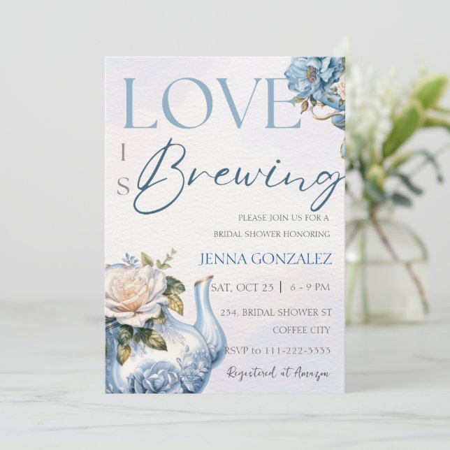 Blue Tea Party Love is Brewing Bridal Shower Invitation (Standing Front)
