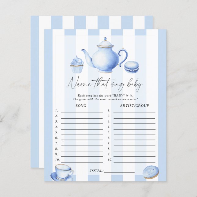blue Tea party - Name that song baby shower game (Front/Back)