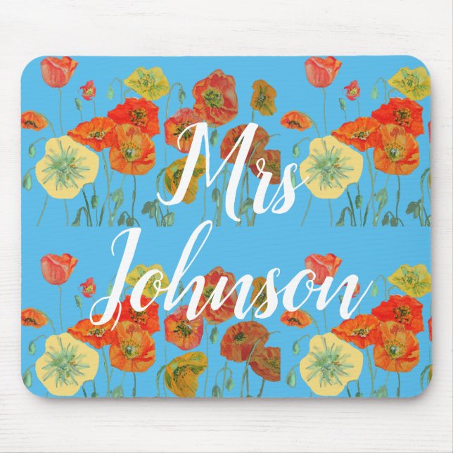 Blue Teachers Name floral Computer Mouse Mat Pad (Front)