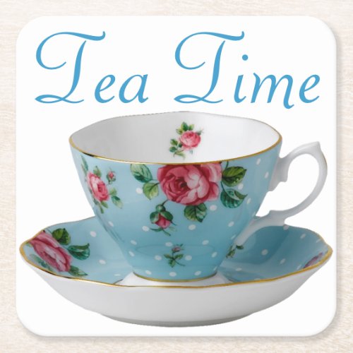 Blue Teacup Tea Time  Square Paper Coaster