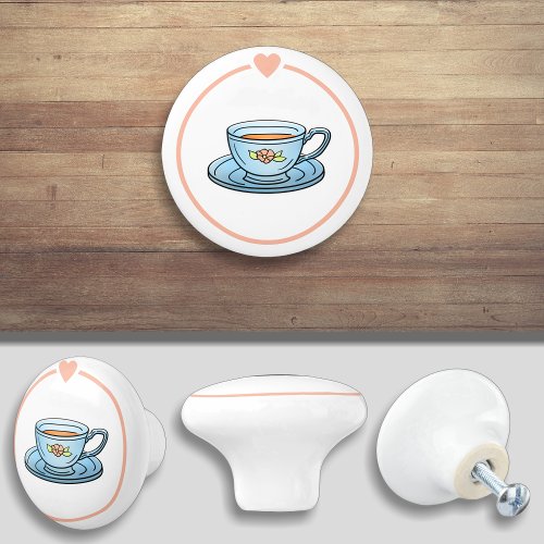 Blue Teacup with Rose Drawer Pull Cabinet Knob