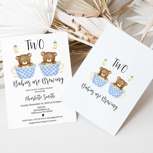 Blue Teacups Twins Two Babies Brewing Baby Shower Invitation
