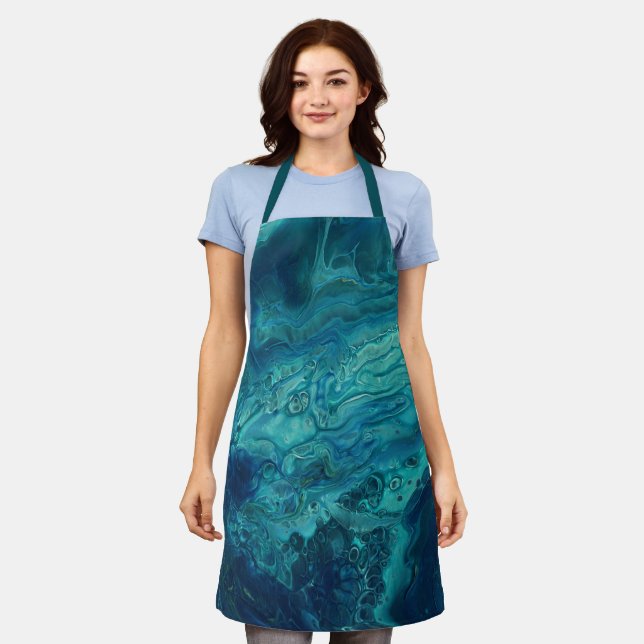 Blue Teal Acrylic Pouring Abstract Fluid Art  Apron (Worn)