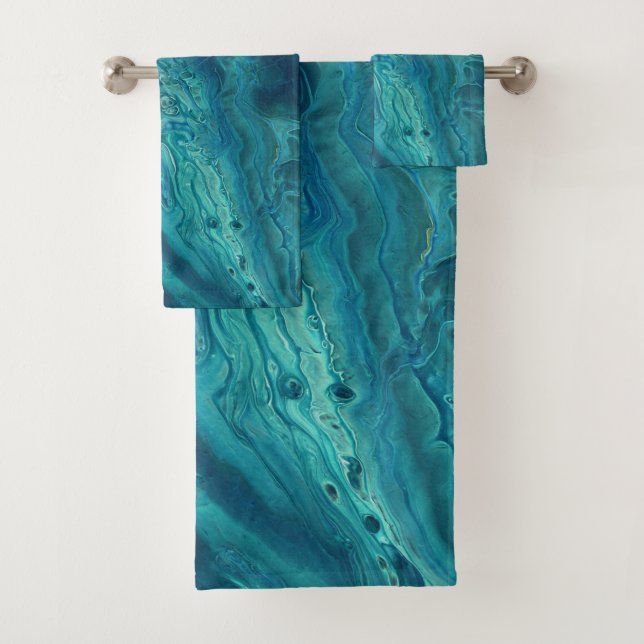 Blue Teal Acrylic Pouring Abstract Fluid Art  Bath Towel Set (Insitu)