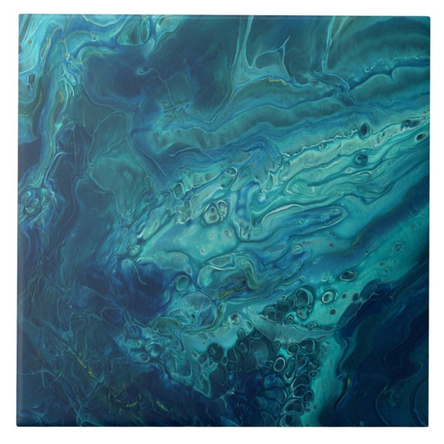 Blue Teal Acrylic Pouring Abstract Fluid Art  Ceramic Tile (Front)