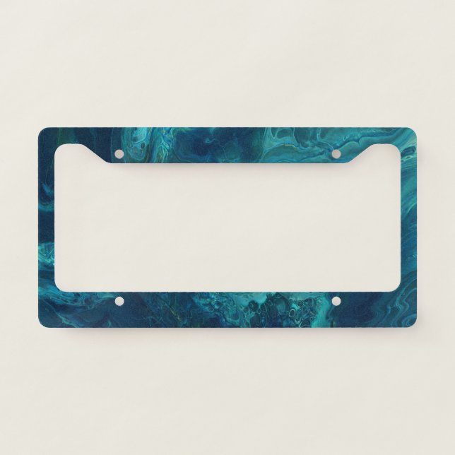 Blue Teal Acrylic Pouring Abstract Fluid Art License Plate Frame (Front)