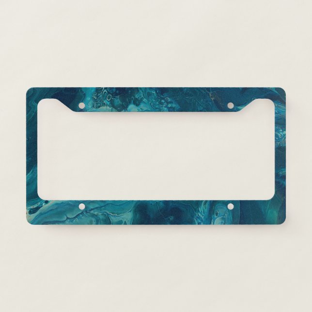 Blue Teal Acrylic Pouring Abstract Fluid Art  License Plate Frame (Front)