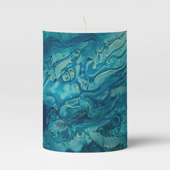 Blue Teal Acrylic Pouring Abstract Fluid Art  Pillar Candle (Front)