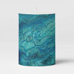 Blue Teal Acrylic Pouring Abstract Fluid Art Pillar Candle