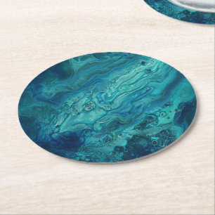 Blue Teal Acrylic Pouring Abstract Fluid Art  Round Paper Coaster