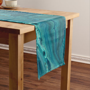 Blue Teal Acrylic Pouring Abstract Fluid Art Short Table Runner