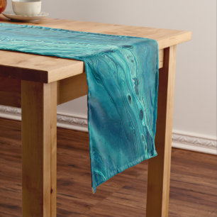 Blue Teal Acrylic Pouring Abstract Fluid Art Short Table Runner