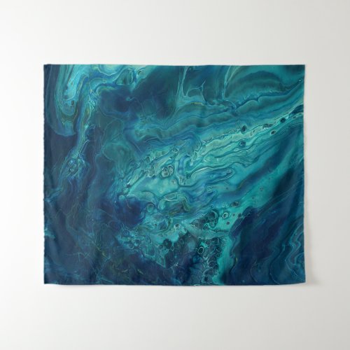 Blue Teal Acrylic Pouring Abstract Fluid Art Tapestry
