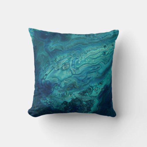 Blue Teal Acrylic Pouring Abstract Fluid Art Throw Pillow