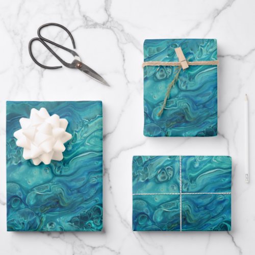 Blue Teal Acrylic Pouring Abstract Fluid Art  Wrapping Paper Sheets