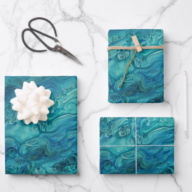 Blue Teal Acrylic Pouring Abstract Fluid Art  Wrapping Paper Sheets (Front)