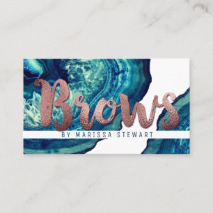 Blue Teal Agate Geode Stone Rose Gold Brows Business Card