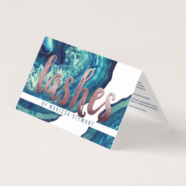 Blue Teal Agate Geode Stone Rose Gold Lashes Business Card (Front)
