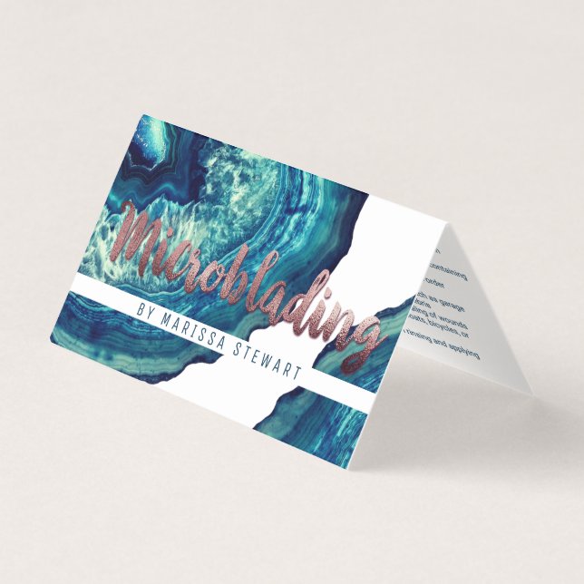 Blue Teal Agate Geode Stone Rose Gold Microblading Business Card (Front)