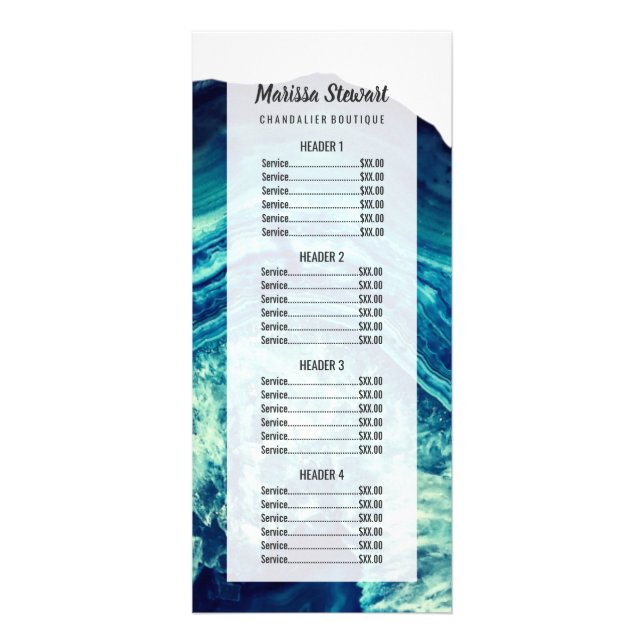 Blue Teal Agate Geode Stone Rose Gold Price List Rack Card (Front)