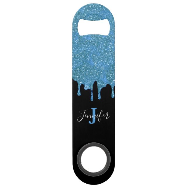Blue Teal and Black Glitter Speed Bottle Opener (Front)