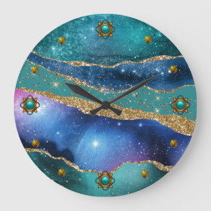 Blue Teal and Gold Agate Large Clock