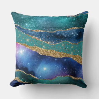 Blue Teal and Gold Agate Throw Pillow