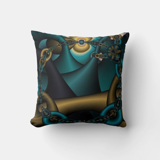Blue teal and gold Chain Fractal art pillow (Front)