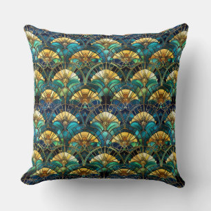 Blue, teal and Gold Peacock Stained Glass Throw Pillow