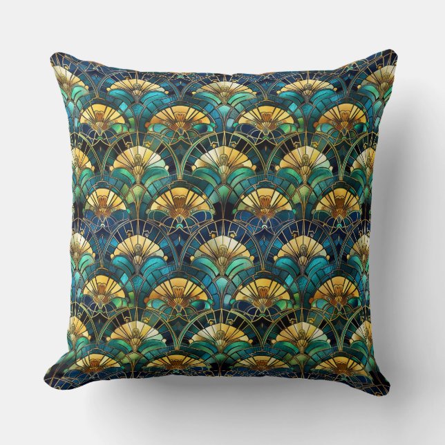 Blue, teal and Gold Peacock Stained Glass Throw Pillow (Front)