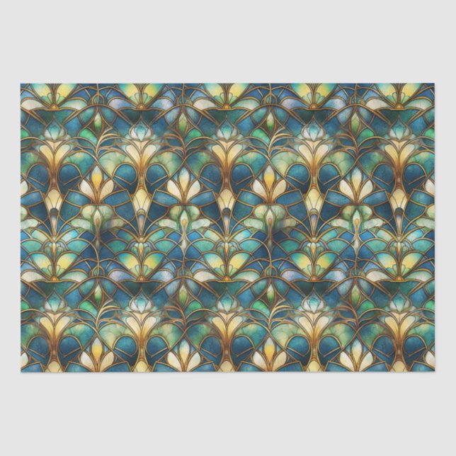 Blue, teal and Gold Peacock Stained Glass Tissue Paper (Front)