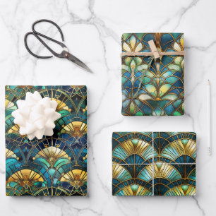 Blue, teal and Gold Peacock Stained Glass Wrapping Paper Sheets