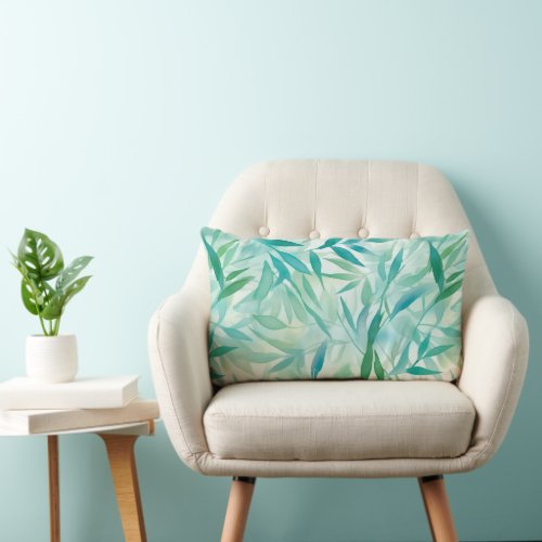 Blue Teal and Green Leaves Contemporary Lumbar Pillow