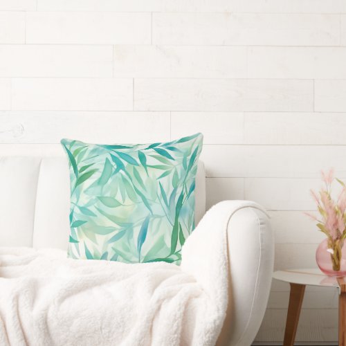 Blue Teal and Green Leaves Contemporary Throw Pillow