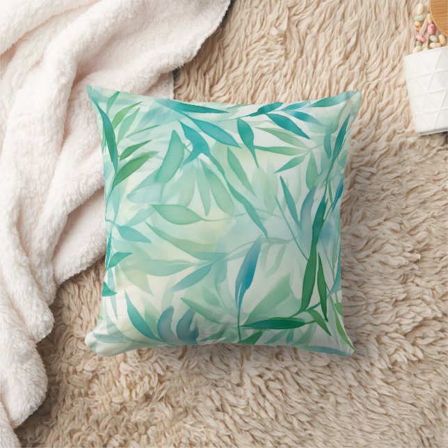 Blue Teal and Green Leaves Contemporary Throw Pillow (Blanket)
