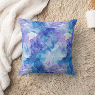 Blue Teal and Lavender Alcohol Ink Marble Throw Pillow