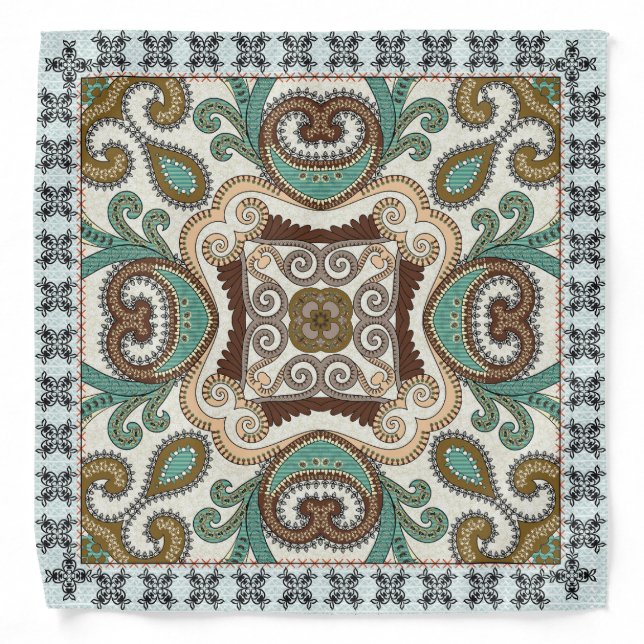 Blue, Teal and Tan Paisley Design Bandana (Front)