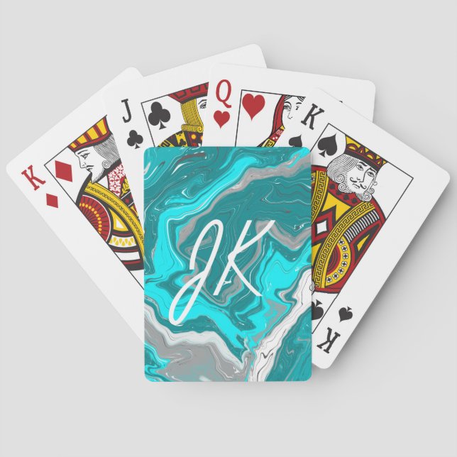 Blue, Teal and Turquoise Marble Fluid Art Monogram Poker Cards (Back)
