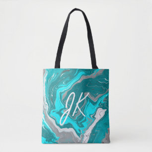 Blue, Teal and Turquoise Marble Fluid Art Monogram Tote Bag