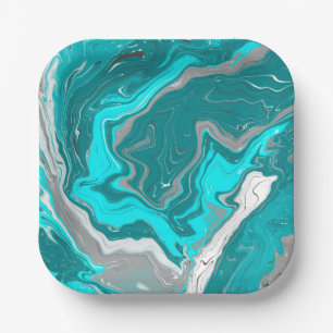 Blue, Teal and Turquoise Marble Fluid Art Paper Plates