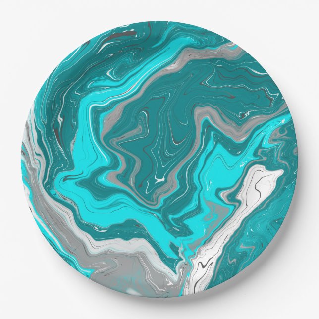 Blue, Teal and Turquoise Marble Fluid Art   Paper Plates (Front)