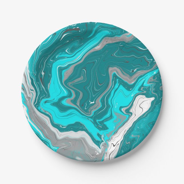 Blue, Teal and Turquoise Marble Fluid Art   Paper Plates (Front)