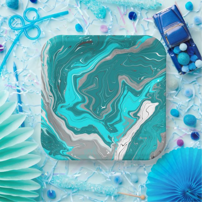 Blue, Teal and Turquoise Marble Fluid Art  Paper Plates (Party)