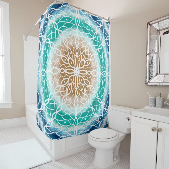 Blue, Teal and Turquoise Ocean Waves Shower Curtain (In Situ)