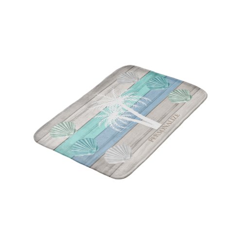 Blue Teal and White Beach Wood  Seashells Bath Mat